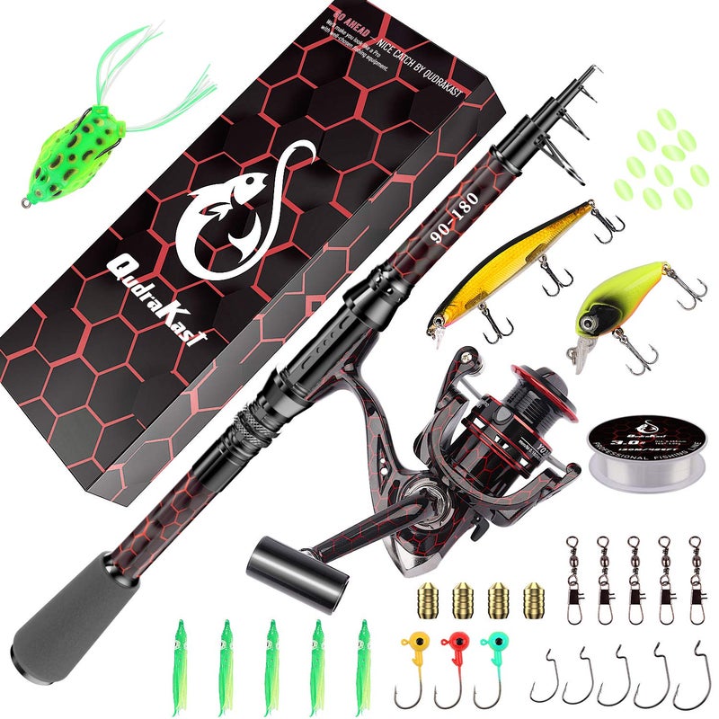 QudraKast Fishing Rod and Reel Combos, Unique Design with X-Warping Painting, Carbon Fiber Telescopic Fishing Rod with Reel Combo Kit with Tackle Box (180 Rod) - Image 1